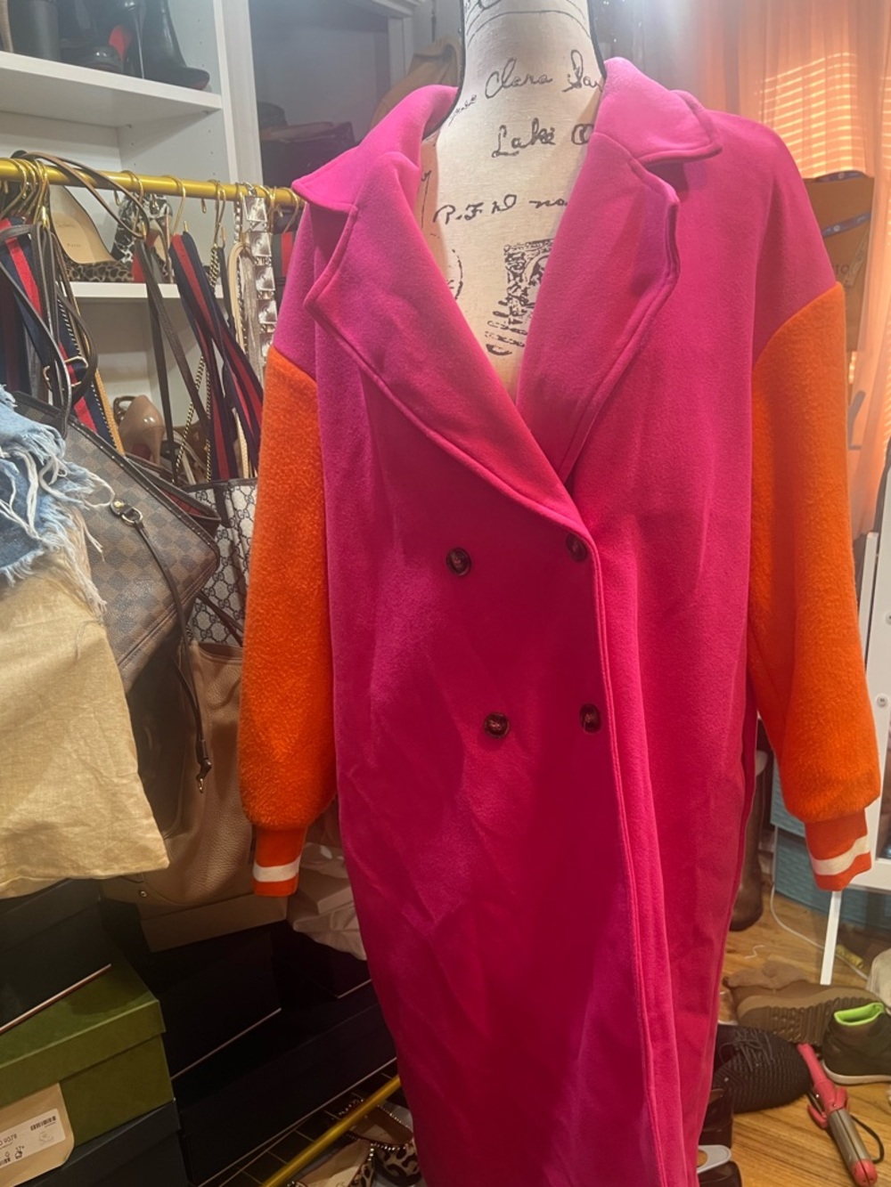 SHEIN Hot Pink Pea Coat with Orange Sleeves